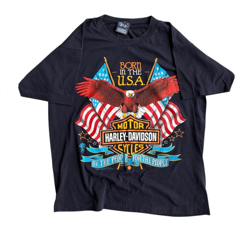 Harley-Davidson Black T-Shirt with Red Eagle and American Flag Graphic